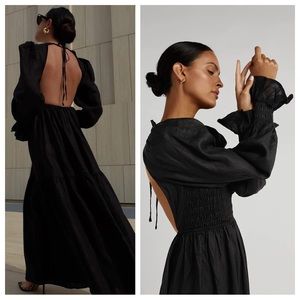 DISSH Jorja Black Linen Long Sleeve Open Back Tiered Ruffle Midi Maxi Dress